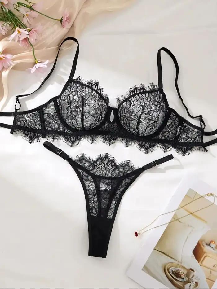 Ensemble de soutien-gorge et slip en dentelle noire pour femmes, sous-vêtements transparents romanti