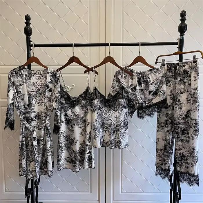 Pyjama en Satin Imprimé pour Femme, Robe Kimono à Col en V, Ensemble avec Coussinets Cheast, Vêtemen