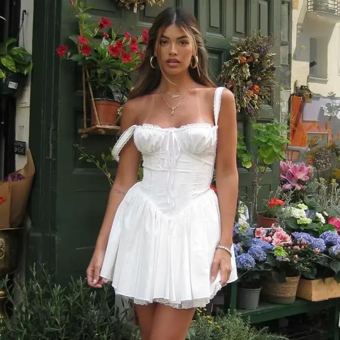Élégant dentelle Corset décontracté blanc robe de Ballet courte col carré a-ligne pansement Mini rob