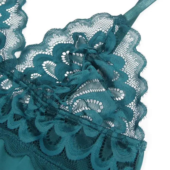 Lingerie Babydoll en dentelle verte florale pour femmes, chemise de nuit sexy push-up avec fermeture