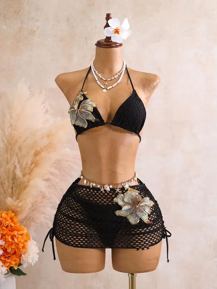 Ensemble bikini sexy orange à fleurs 3D 2026 pour femme, jupe tricotée à cordon latéral, maillot de 