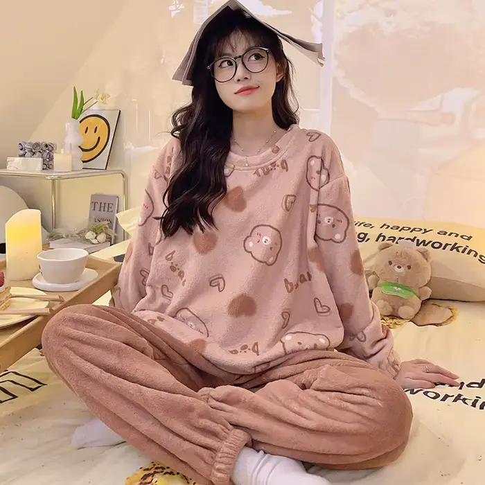 Ensemble de pyjama chaud en flanelle pour femmes, rembourré, grande taille, vêtements de nuit pour é