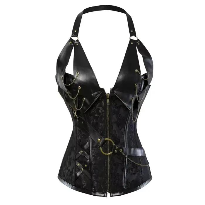 Robe Corset Pirate marron Steampunk en cuir, surbuste, haut avec jupe, grande taille, Costume Burles