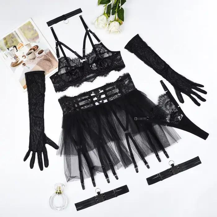 Ensemble de lingerie à volants, soutien-gorge en dentelle transparente sexy, gants longs, ensemble d