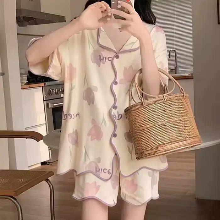 Pyjama d'été à manches courtes pour jeunes femmes, cardigan pour étudiantes, short de dessin animé f