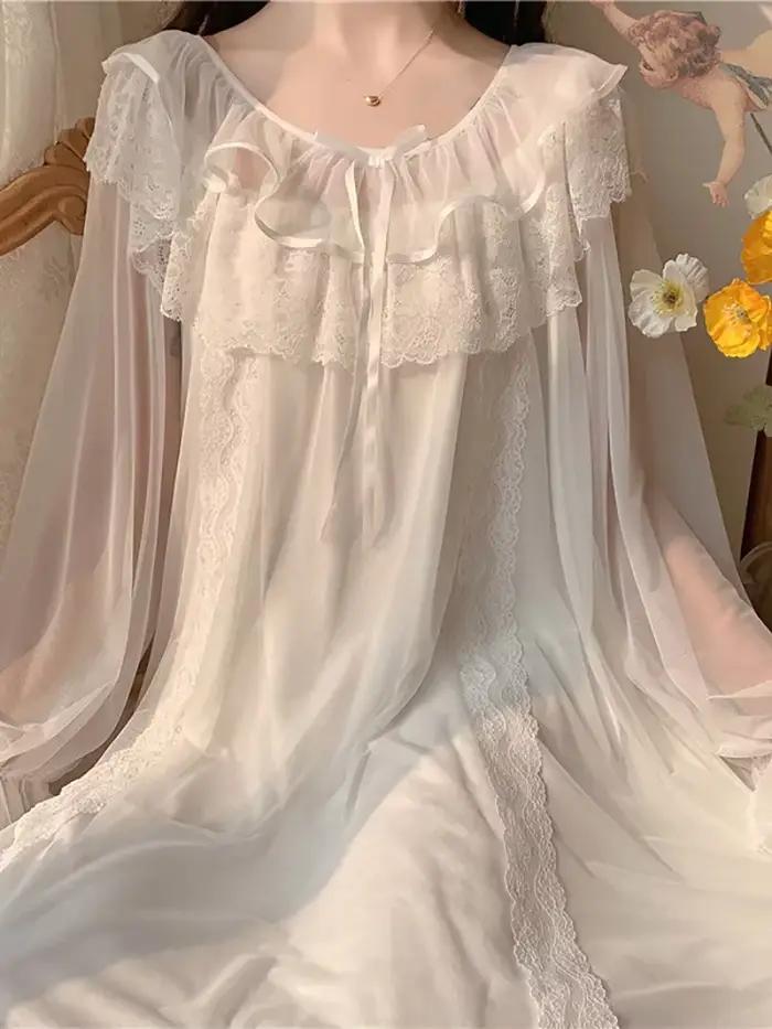 Femmes volants Vintage chemises de nuit Lolita pyjama princesse blanc dentelle maille fée robe de nu