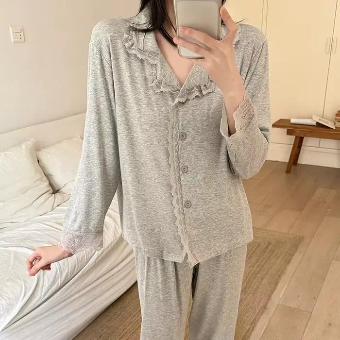 Nouveaux pyjamas pour femmes 2026 – Ensemble deux pièces en modal et dentelle à petit col, cardigan 