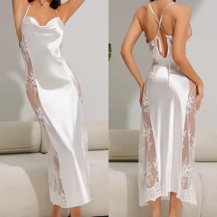 Chemise de nuit blanche pour femmes, vêtements de nuit Sexy en dentelle, Satin, Patchwork, bretelles