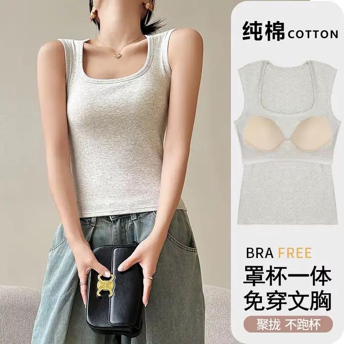 Débardeur à col en U avec soutien-gorge intégré pour femme, camisole sans manches avec rembourrage p