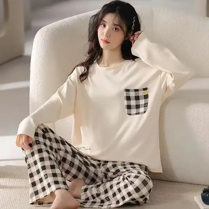 Pyjamas pour femmes au printemps et en automne, manches longues, vêtements de maison simples et ampl