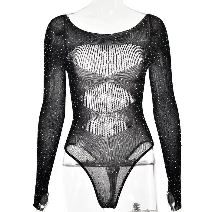 Body en résille transparent pour femmes, tricot ajouré, manches longues, strass, maille, tenues de b