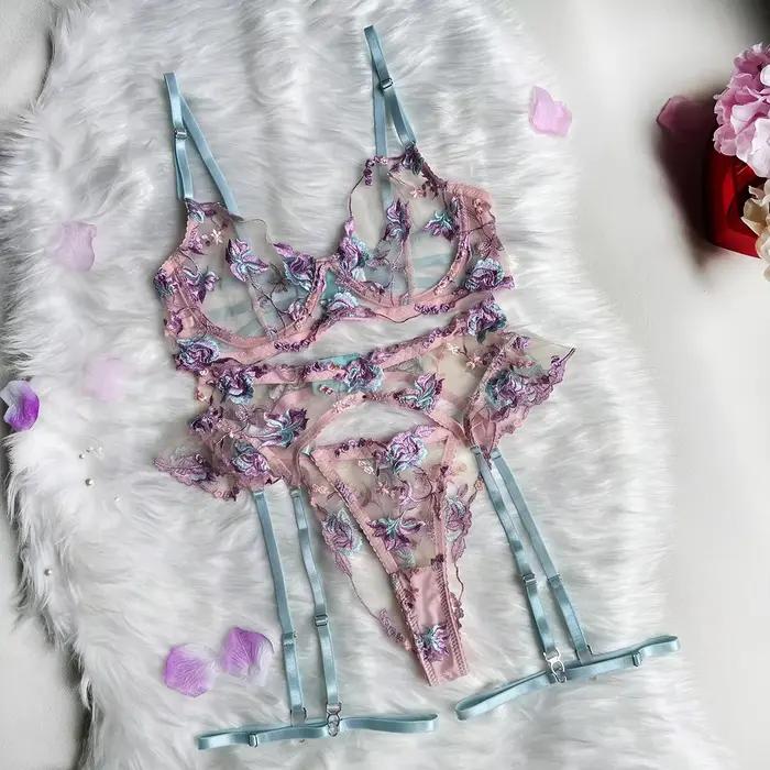 Lingerie féerique sexy, sous-vêtements transparents à fleurs, jarretière à volants, sous-vêtements d