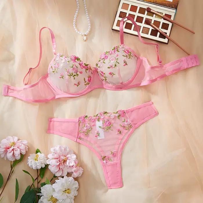 Lingerie en dentelle transparente brodée pour femmes, sous-vêtements sexy, ensemble de culottes dégr