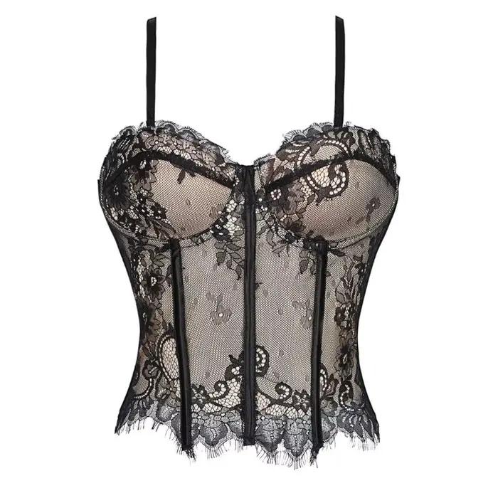 Corset pour femme noir à dentelle florale, bretelles fines réglables, dos en satin à lacets, deux op