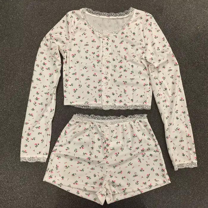 Ensemble pyjama sexy pour femmes, imprimé floral, doux et confortable, haut à manches longues et sho