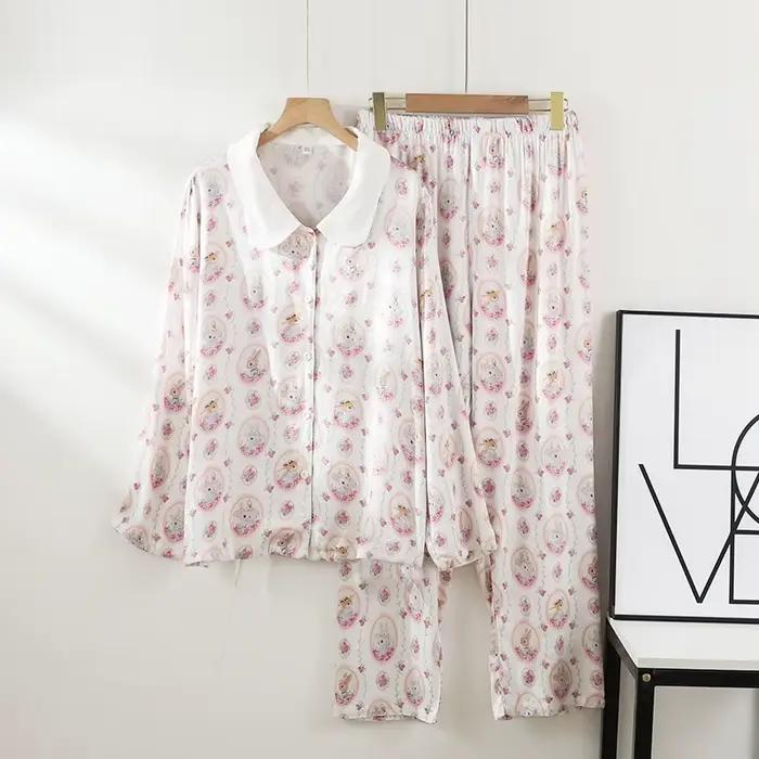Pyjama Double gaze en coton 2025 pour femmes, col rabattu, vêtements de détente, pantalon fin à manc