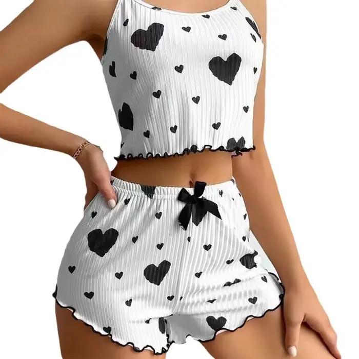Ensemble pyjama blanc pour femme avec imprimé cœur, tenue décontractée pour dormir, haut et short re