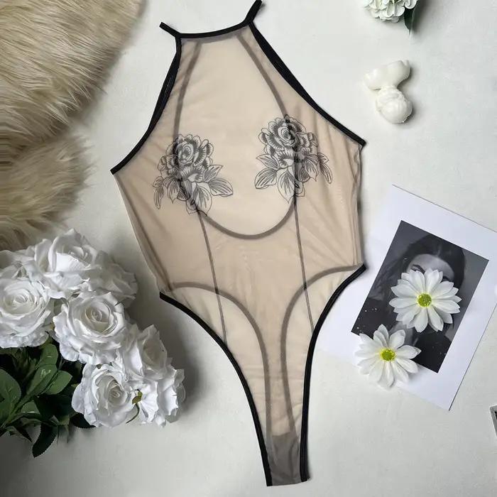Lingerie sexy, body transparent dos nu motif rose, séduction érotique, style clubwear pour femme