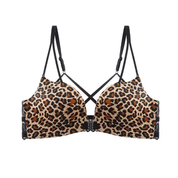 Soutien-gorge sans dos sans armatures push-up imprimé léopard, décolleté en V profond, avec fermetur