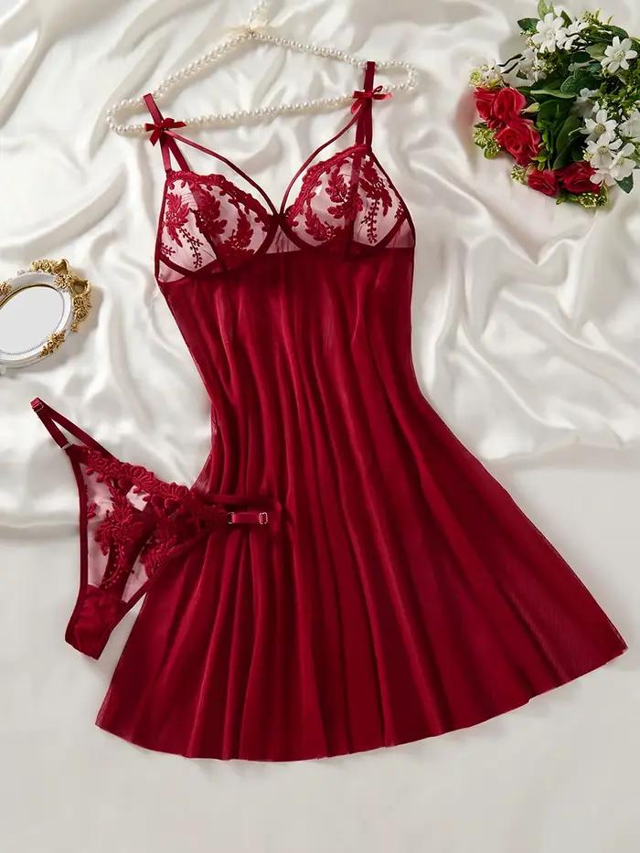 Chemise de nuit semi-transparente brodée d'oreilles de blé style campagne rouge vin pour femme, élég
