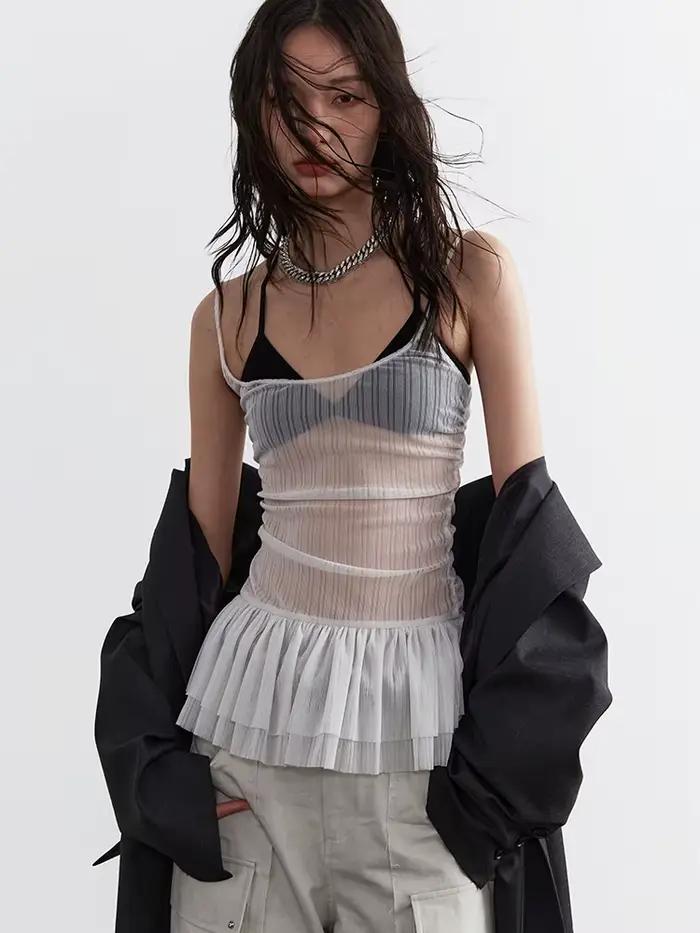 [EAM] Nouveaux débardeurs fins et transparents rayés gris clair pour femmes, sans manches, style per