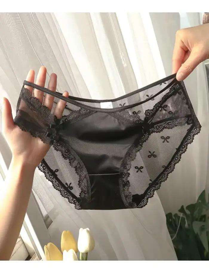 Culotte française en dentelle translucide pour femmes, avec nœud, confortable, Sexy, entrejambe en c