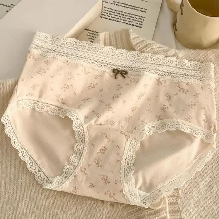 Culottes en coton à taille mi-haute en dentelle pour femmes, motif floral, ours et lapin, style doux