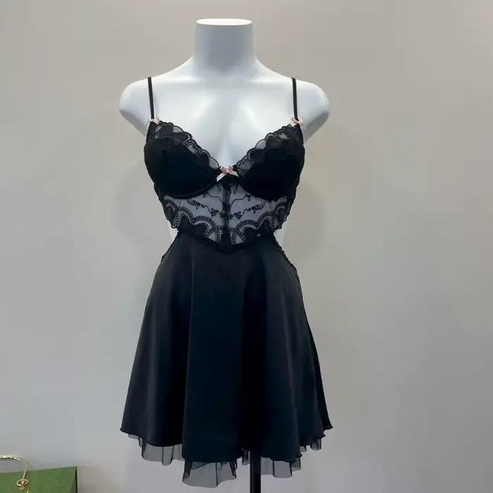 Chemise de nuit noire en V profond, vêtements de nuit pour femmes, Lingerie de tentation Sexy, coule
