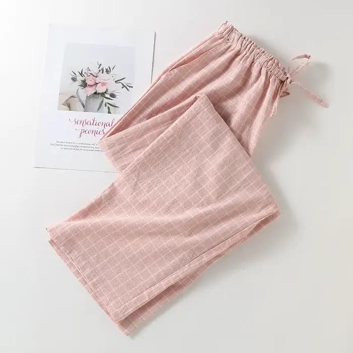 Grande taille japonais minimaliste à carreaux femmes pyjamas pantalons femmes doux maison pantalon a