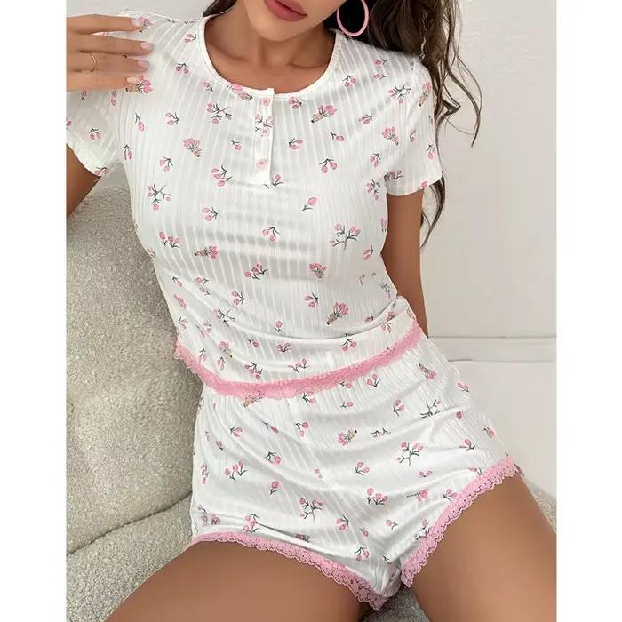 Ensemble de vêtements de nuit à imprimé Floral pour femmes, nouveau Style, col rond, manches courtes