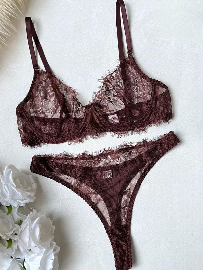Ensemble de lingerie Belamimi 2 pièces en dentelle transparente, avec détails ajourés, pour femme, s