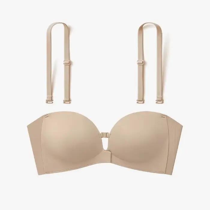 Soutien-gorge sans bretelles à fermeture frontale, rembourré, push-up, antidérapant, sans armatures,