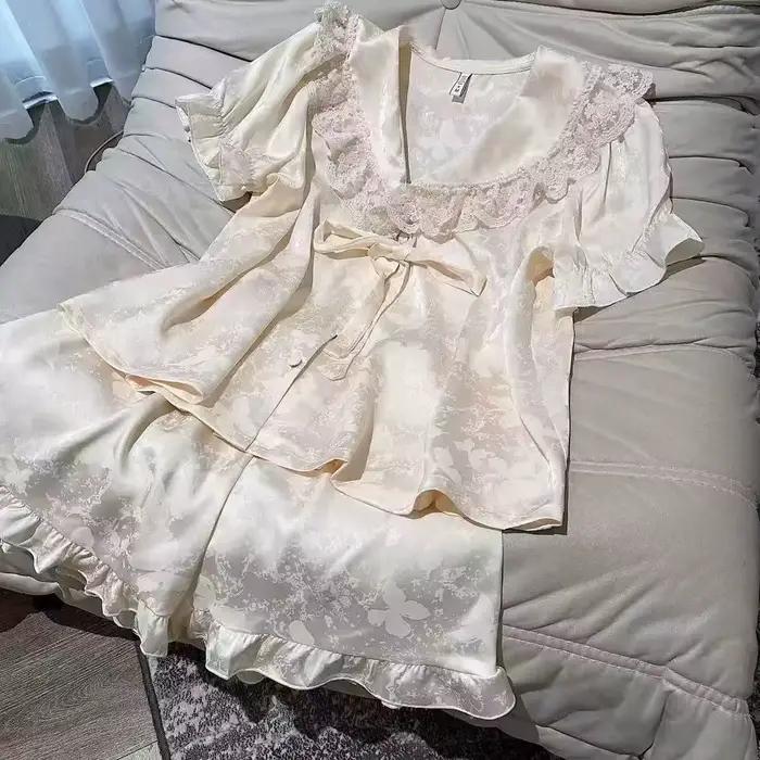 Doux jeune fille 2 pièces Pyjamas ensemble vêtements de nuit mignon col de poupée à manches courtes 