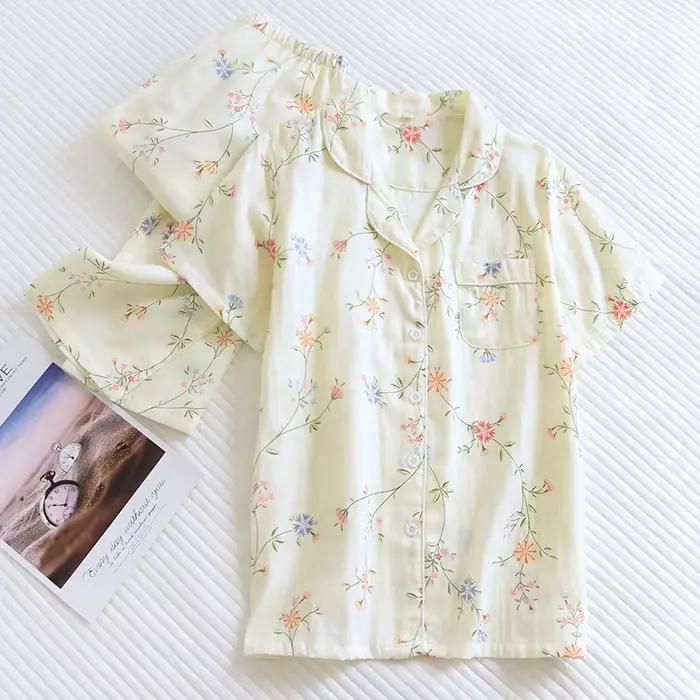 Pyjama d'été 2026 pour femme, ensemble en gaze 100 % coton à manches courtes et pantalon, imprimé mi