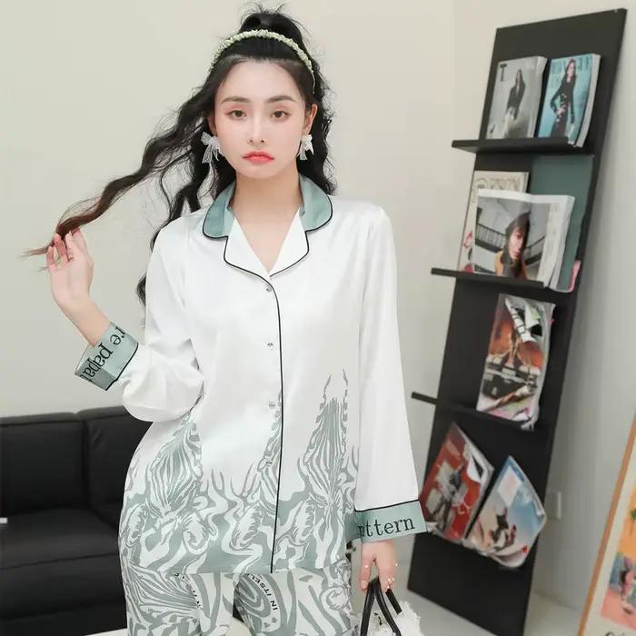 Pyjama élégant en soie glacée pour femmes, ensemble 2 pièces imprimé zèbre, mode, manches longues, p