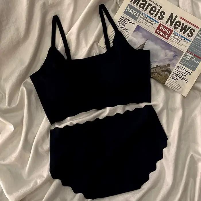 Ensemble soutien-gorge et culotte sans couture à bord festonné pour femmes, ensemble de lingerie con