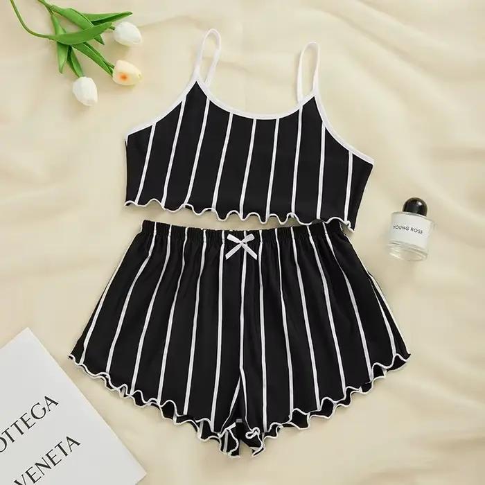 Ensemble de pyjamas décontractés à imprimé princesse pour femmes, haut rayé, gloss précieux, short, 
