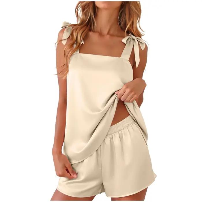 Ensemble pyjama en satin pour femme, haut de pyjama à bretelles et short, 2 pièces, couleur unie, so