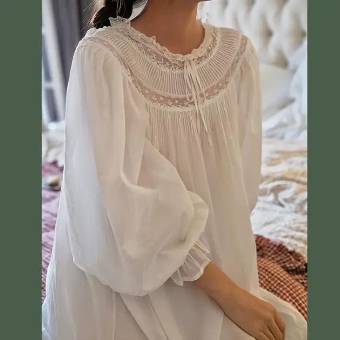 Chemise de nuit princesse française en dentelle blanche, manches longues, 100% coton, Style Long, lo