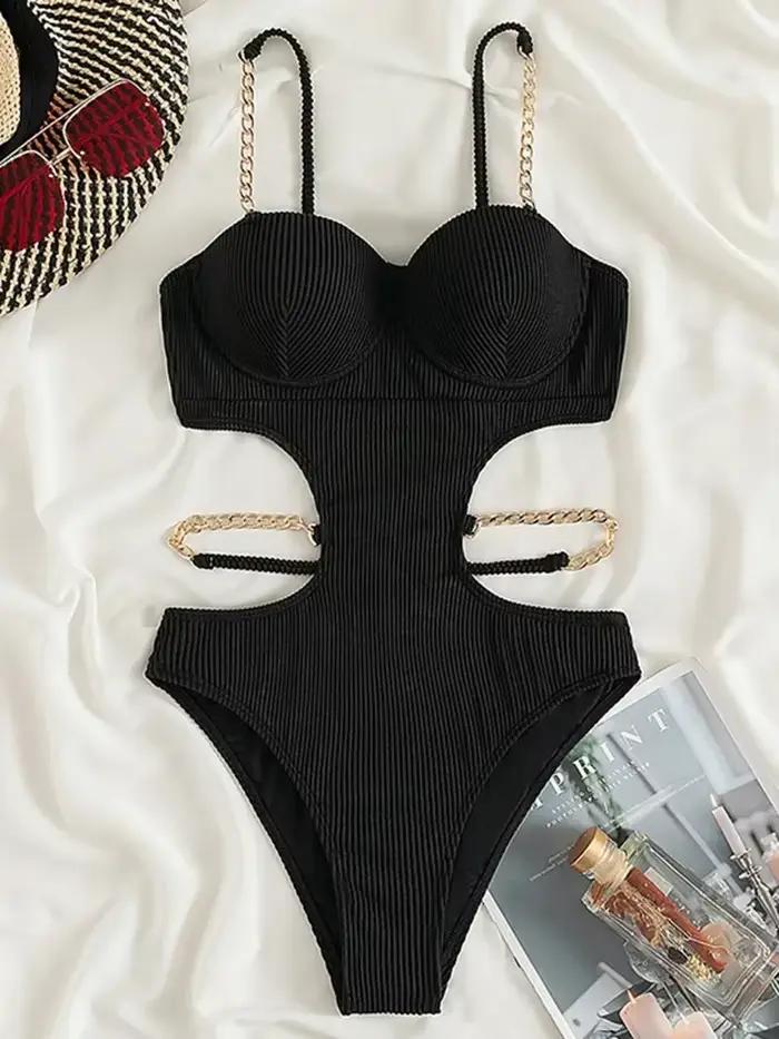 Maillot de bain une pièce sexy côtelé avec soutien-gorge à armatures, dos nu, coupe haute, monokini 