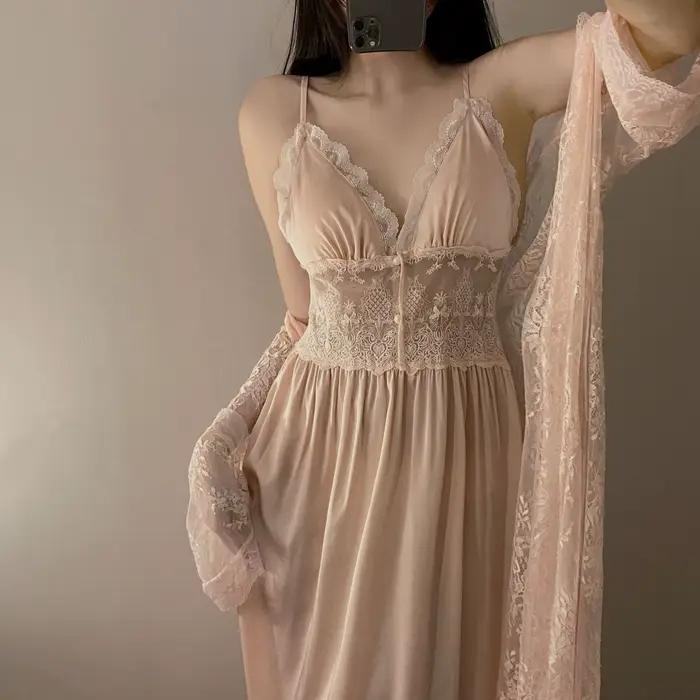 Automne Femme dentelle vêtements de nuit peignoir Lingerie deux pièces rayonne Robe costume femmes c
