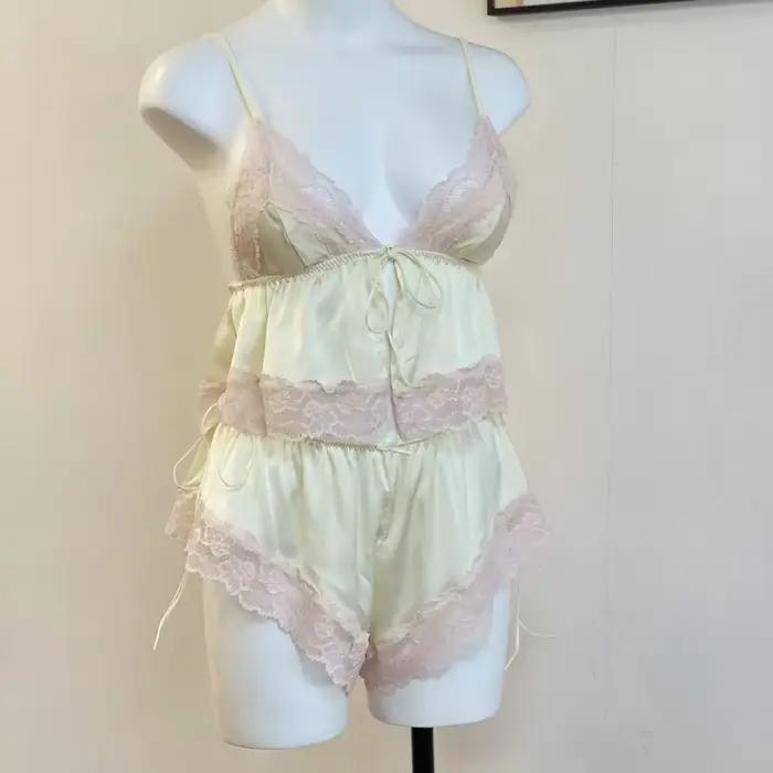 Pyjama français en dentelle pour femme, ensemble de sous-vêtements, lingerie sexy, vêtements de nuit