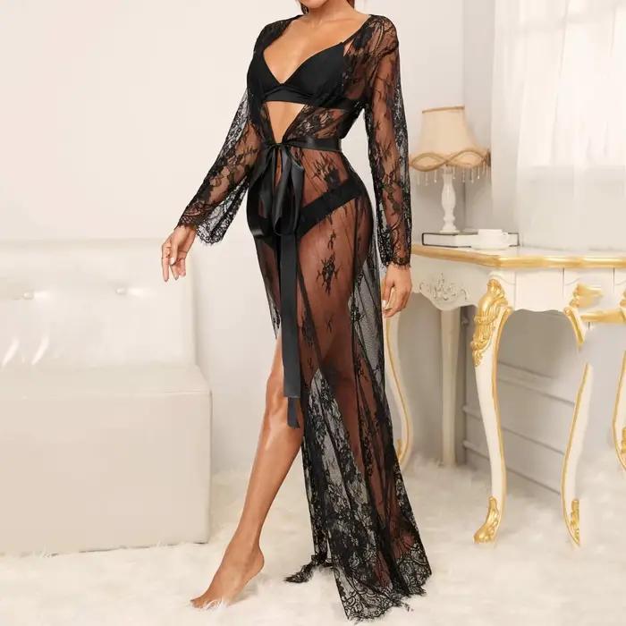 Sous-vêtements transparents pour femmes, longue robe Sexy transparente en dentelle érotique, chemise