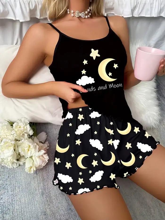 Pyjama Femme 2 Pièces Noir – Caraco et Short Imprimé Lune et Nuage, Col Rond, Dos Nu, Bordure Volant