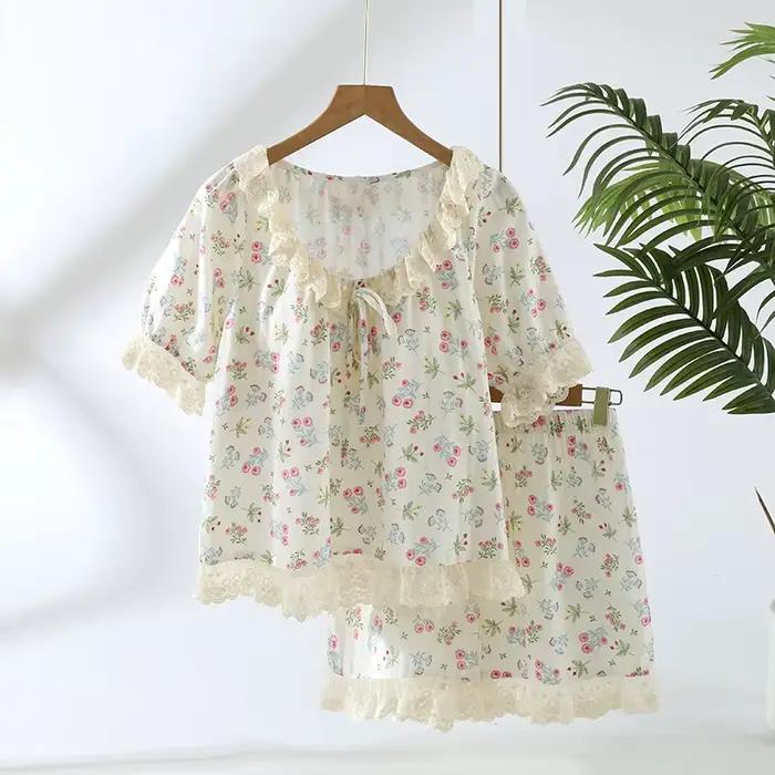 Pyjama en dentelle à manches courtes et col en v pour femmes, ensemble de sous-vêtements en pur coto