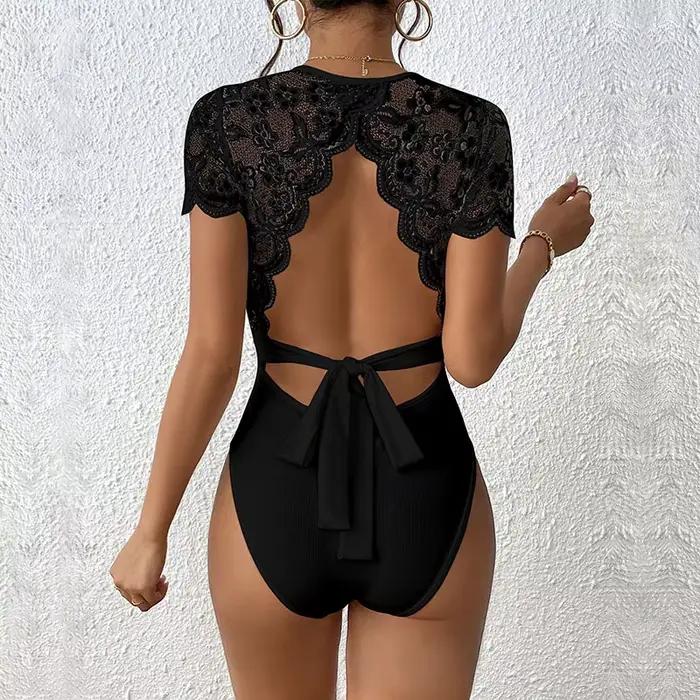 Body moulant sexy en dentelle à manches courtes pour femme, noir et blanc, col rond, une pièce côtel