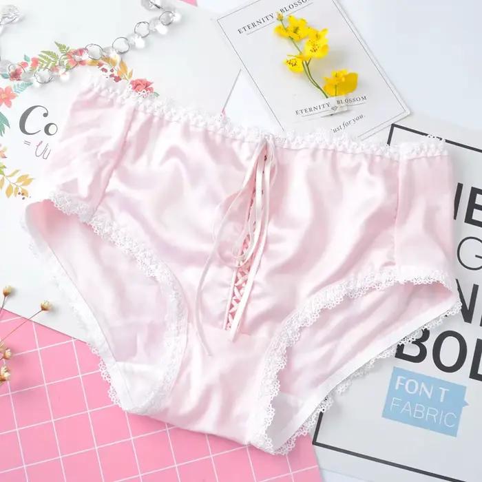 Style rétro taille moyenne Sexy à lacets femmes sous-vêtements nœud coton soie femme culotte solide 