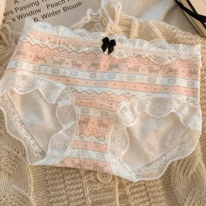 Culottes en dentelle à nœud papillon motif chat, taille mi-haute, en coton, lingerie douce pour femm