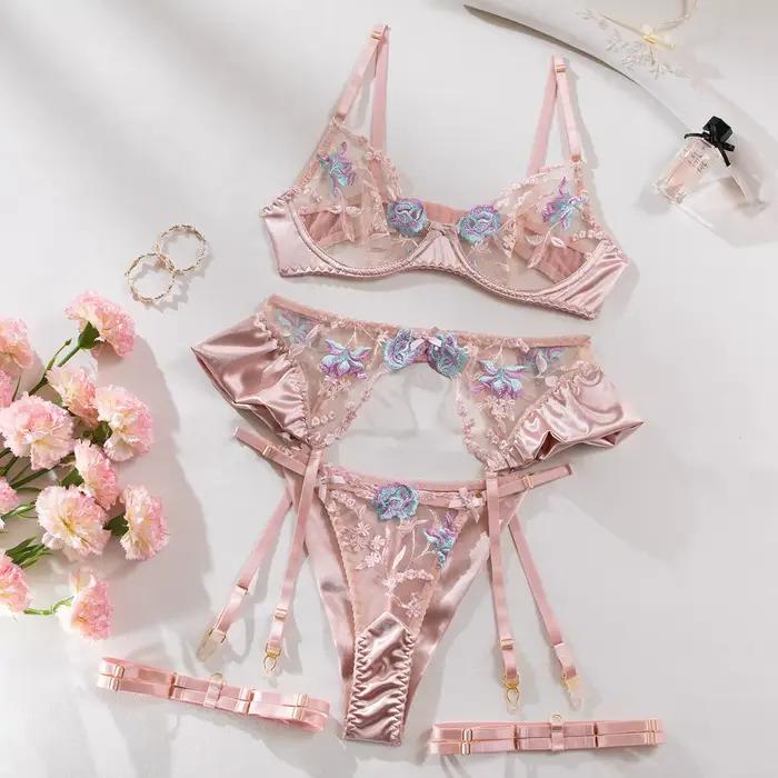 Lingerie sensuelle pour femmes, sous-vêtements fantaisie en soie florale, jarretelles transparentes,