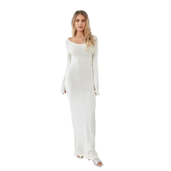 Robe moulante tricotée pour femmes, manches longues, cravate, dos nu, col rond, couleur unie, garnit